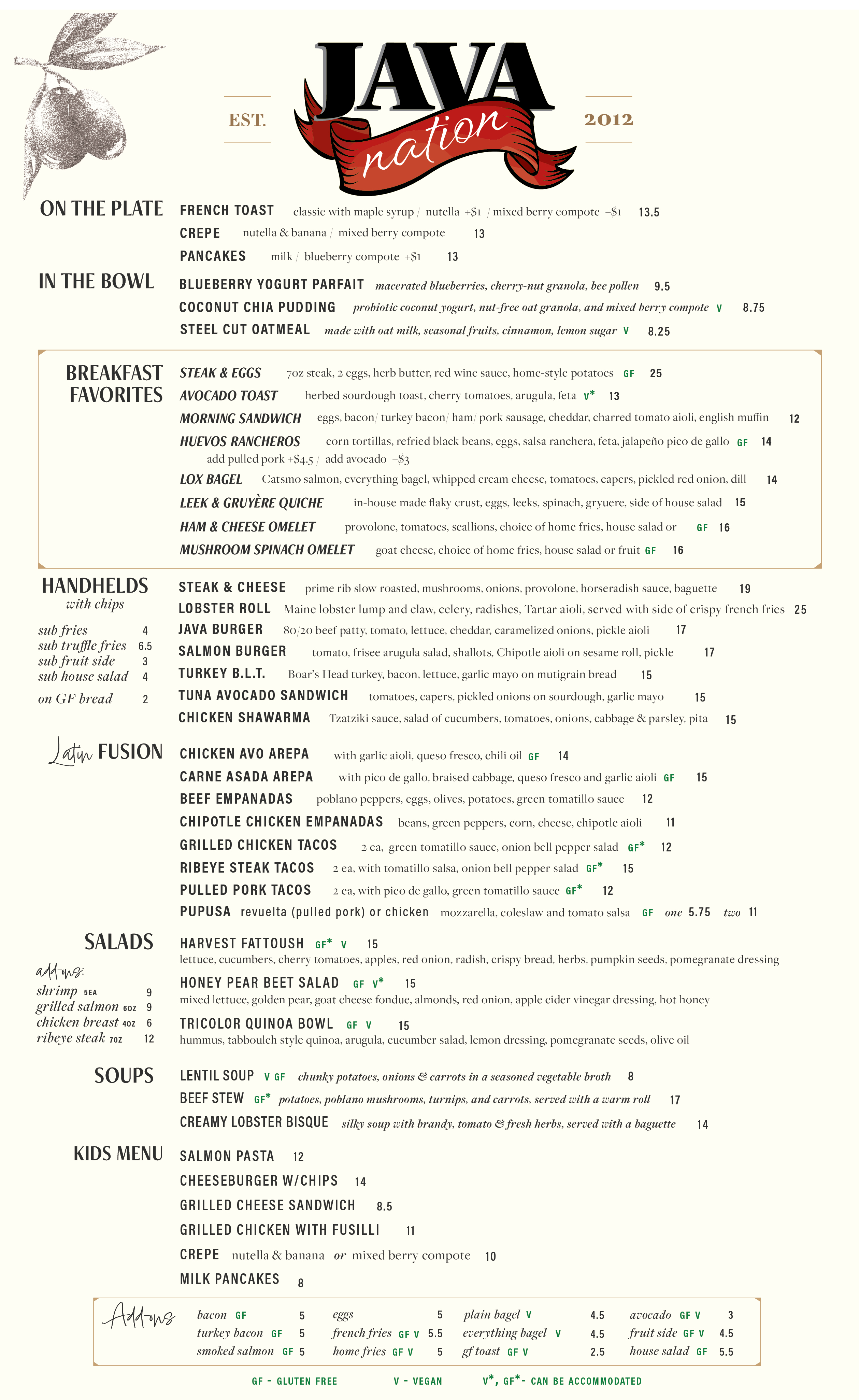 Kensington Menu Page 1
